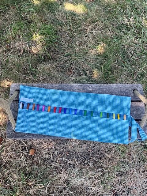 Grande Pochette crayons en tissu ANIMAUX DE LA FORET/vichy bleu