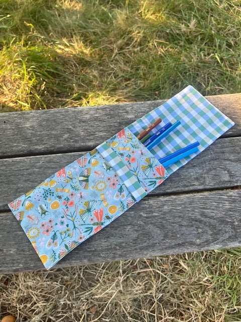 Petite Pochette tissu PAPILLONS/vichy bleu vert