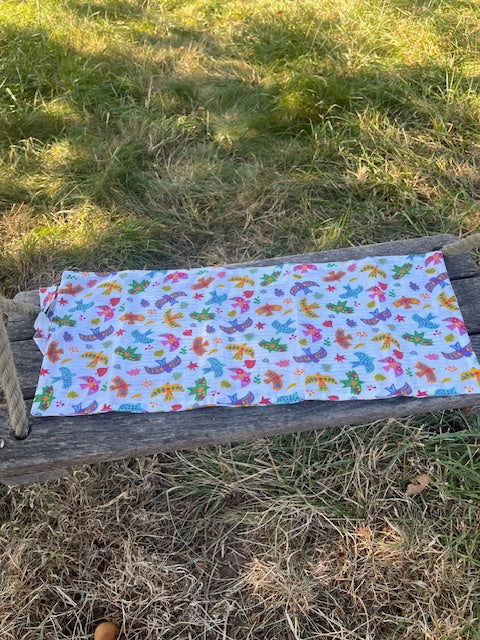 Grande Pochette crayons en tissu OISEAUX/rayures mauves