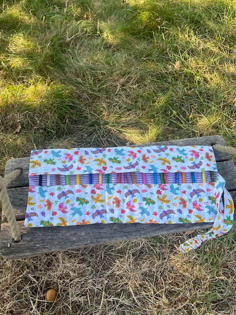 Grande Pochette crayons en tissu OISEAUX/rayures mauves