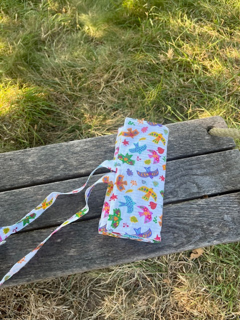 Grande Pochette crayons en tissu OISEAUX/rayures mauves