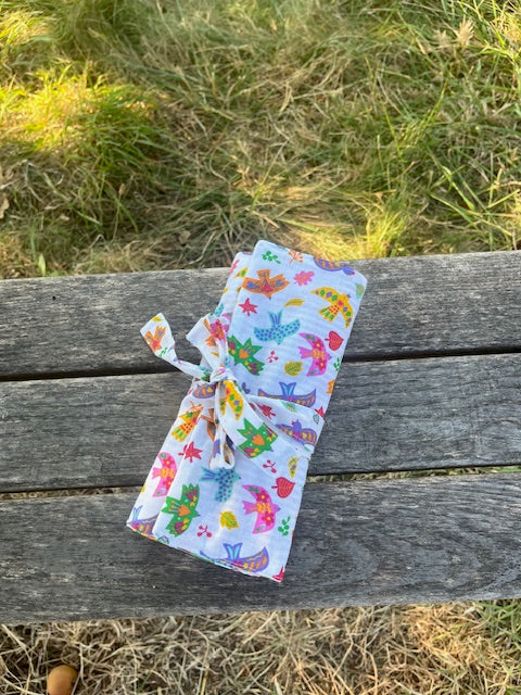 Grande Pochette crayons en tissu OISEAUX/rayures mauves
