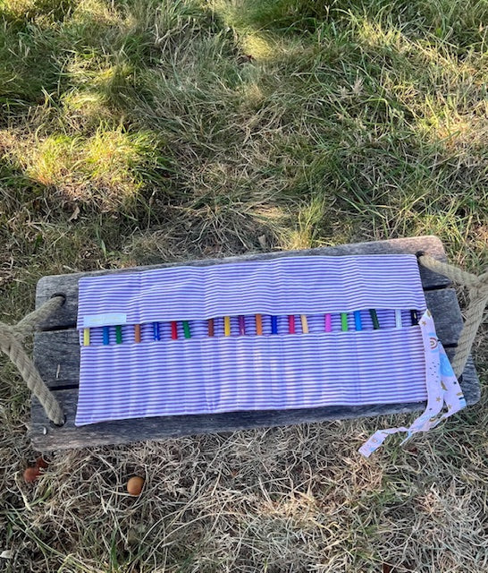 Grande Pochette crayons tissu HIBOUX/rayures mauves