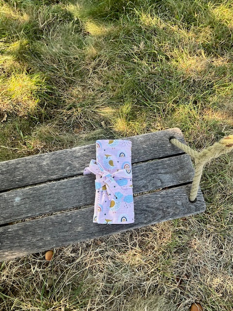 Grande Pochette crayons tissu HIBOUX/rayures mauves
