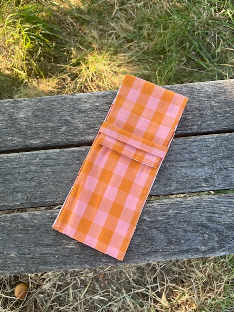 Petite Pochette tissu VICHY ROSE ORANGE/petits coeurs