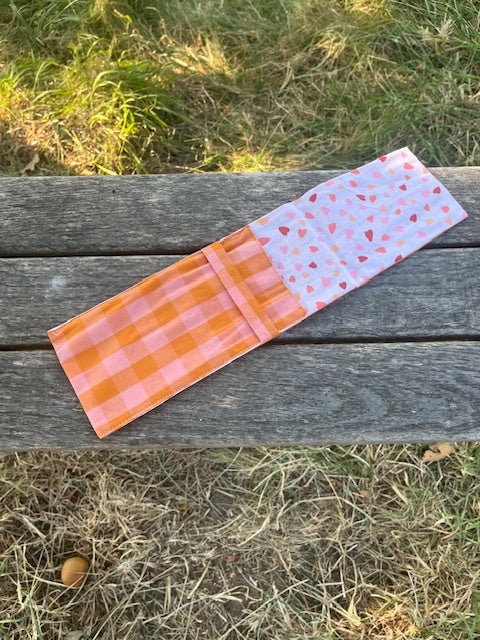 Petite Pochette tissu VICHY ROSE ORANGE/petits coeurs