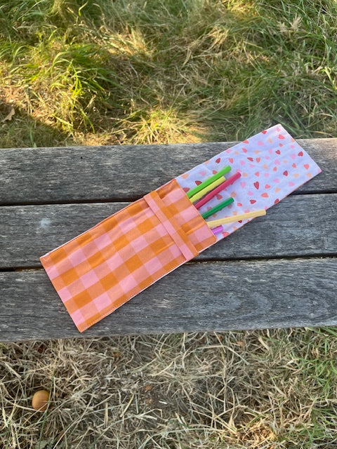 Petite Pochette tissu VICHY ROSE ORANGE/petits coeurs