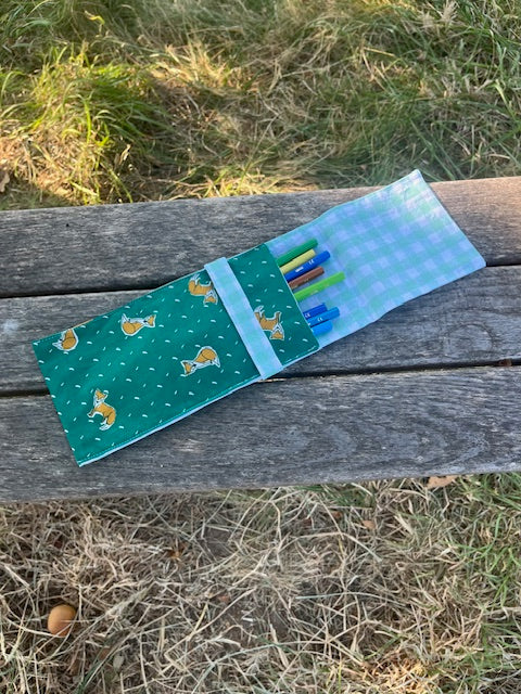 Petite Pochette tissu RENARDS/vichy vert clair