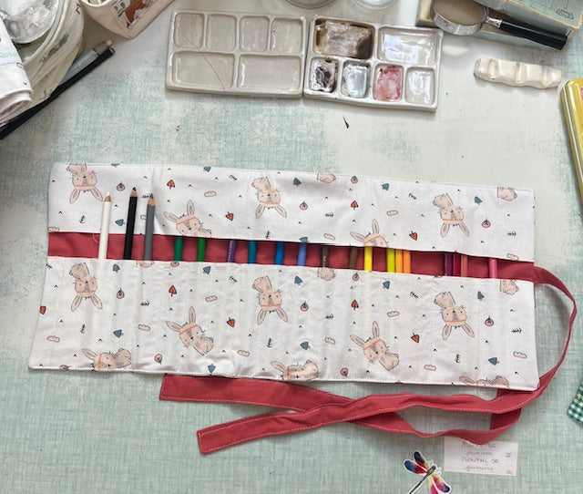 Grande Pochette crayons en tissu LAPINOS/ vieux rose
