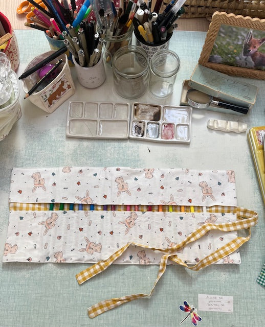 Grande Pochette crayons en tissu LAPINOS/ vichy ocre