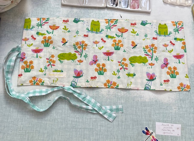 Grande Pochette crayons en tissu mes GRENOUILLETTES/vichy vert clair