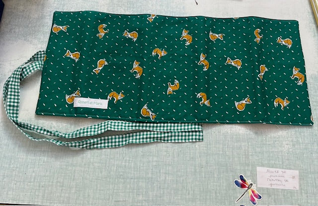 Grande Pochette crayons en tissu RENARD/vichy vert