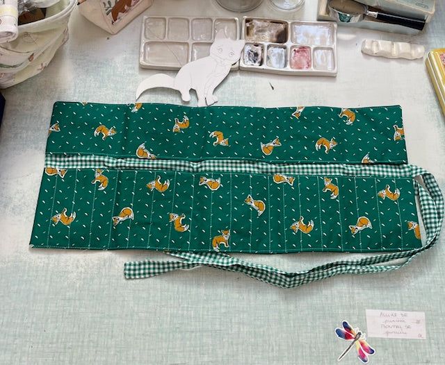 Grande Pochette crayons en tissu RENARD/vichy vert