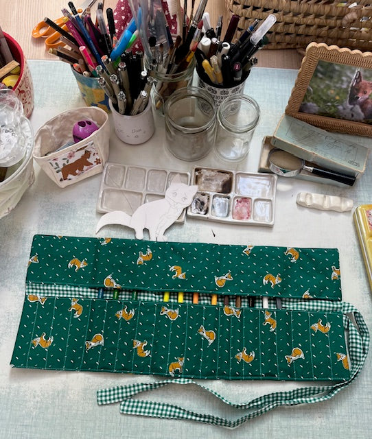 Grande Pochette crayons en tissu RENARD/vichy vert